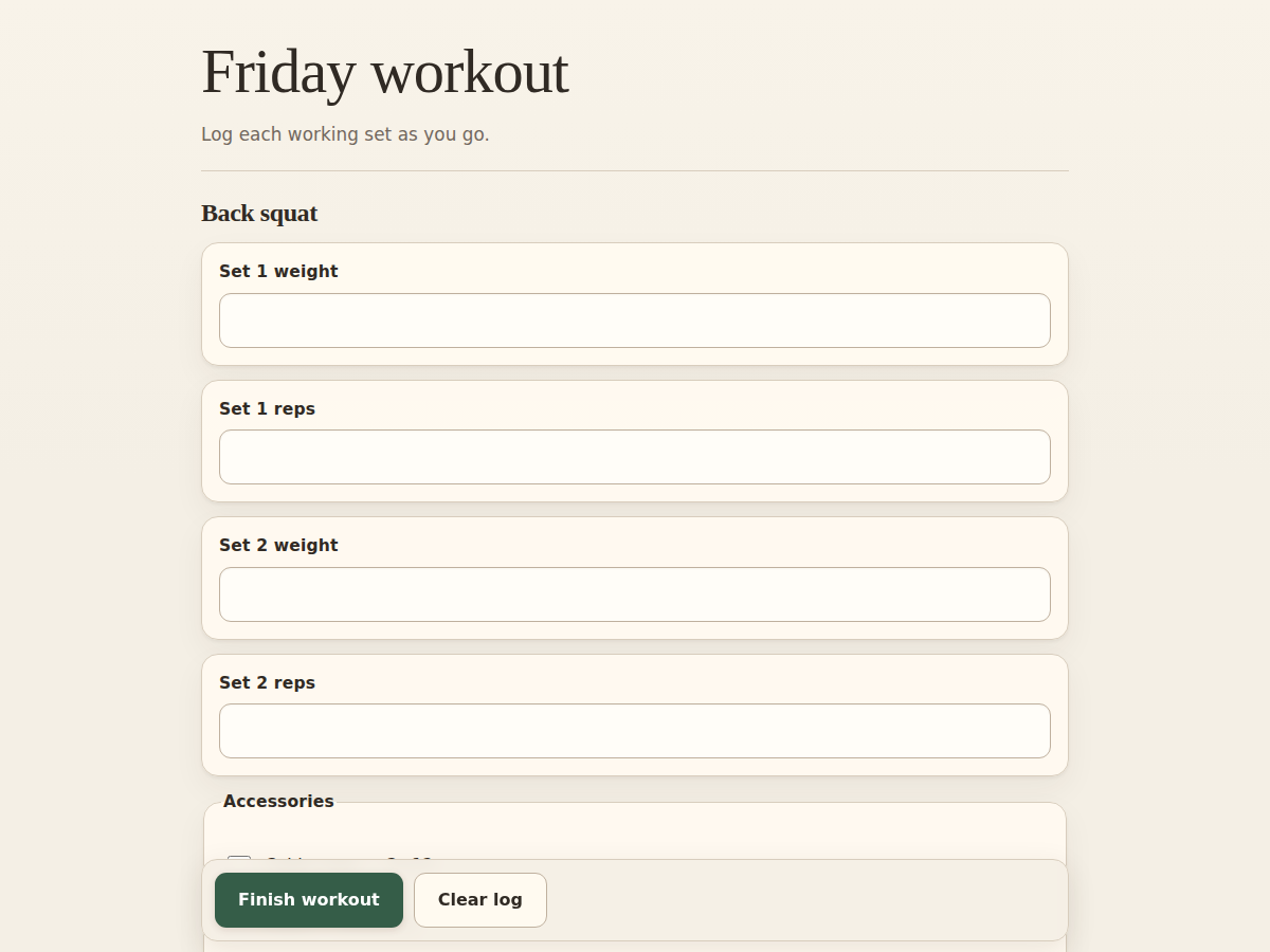 A Pane workout tracker for logging weights, reps, and completed exercises